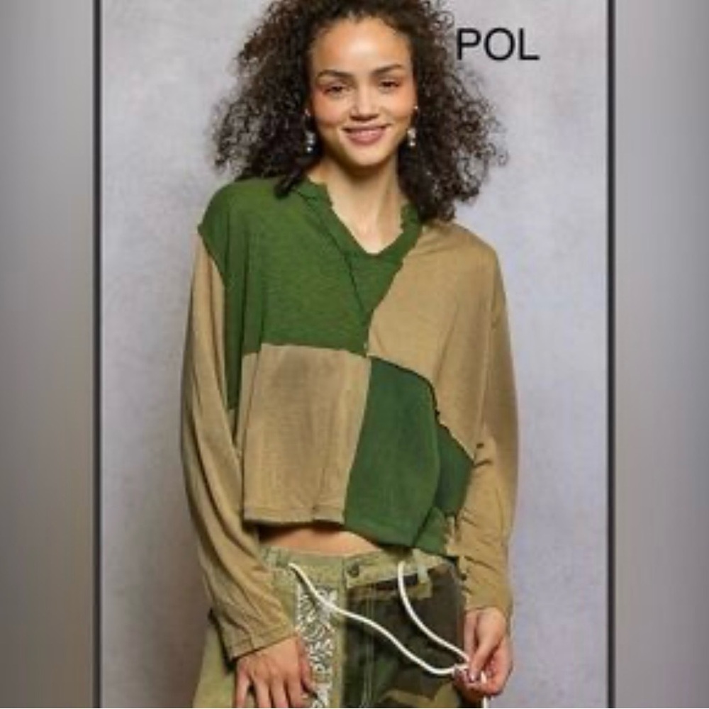 POL Green and Tan Colorblock Top
